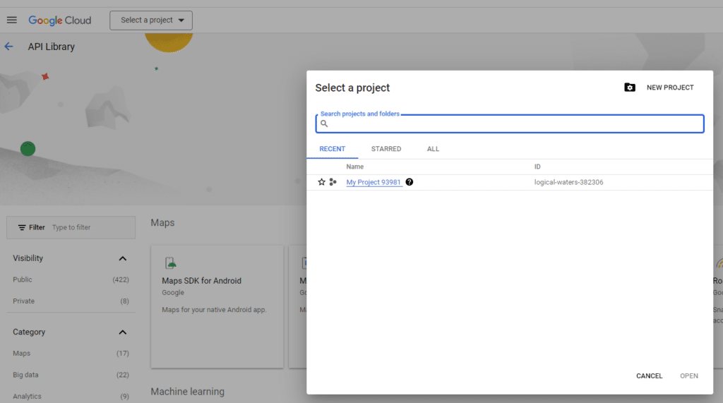 Tạo một dự án mới bằng việc chọn mục Select a project