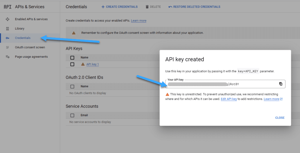 Tại ô Your API key khi bạn sử dụng API key created sẽ xuất hiện API Key bạn cần